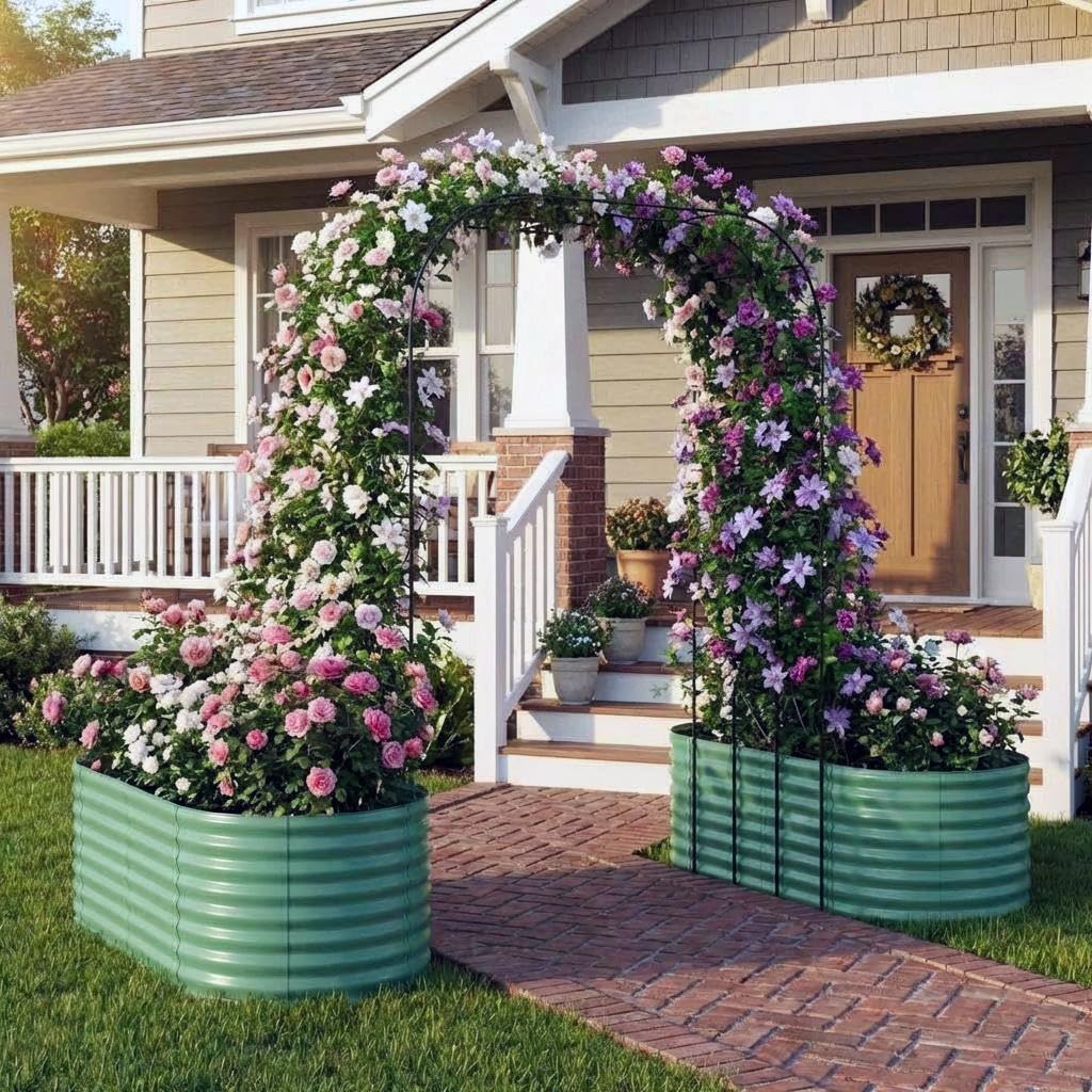 Takywep Galvanized Raised Garden Bed with 96" Vertical Arch Trellis, Expandable Outdoor Planter Box with Dual Sections, Rust-Resistant Garden Bed for Flowers, Herbs, Vegetables, Vines, Green