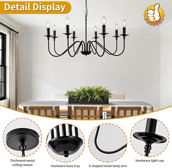 Black Farmhouse Chandeliers, 8 Light S-Arm Modern Candle Hanging Pendant Light, Industrial Rustic Metal Ceiling Kitchen Island Light for Living Room, Entryway, Foyer, Bedroom, Dining Room