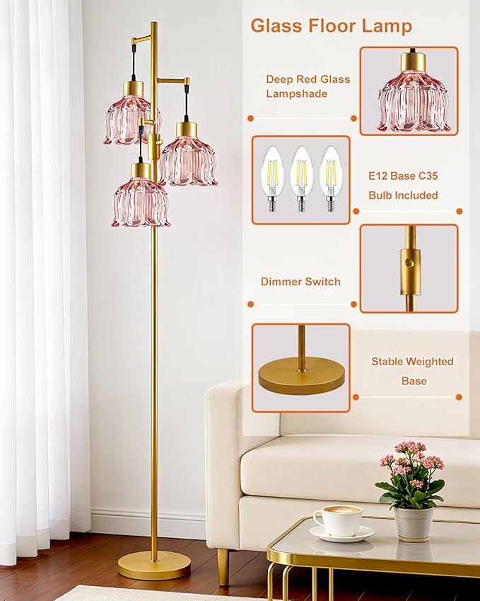 Lightdot 3-Light Flower Floor Lamps, 65'' Dimmable Floor Lamp with Rose Red Glass Shade& E12 Bulbs Included, Mid Century Standing Lamp for Living Room/Bedroom/Sofa Beside/Corner Decor-Gold
