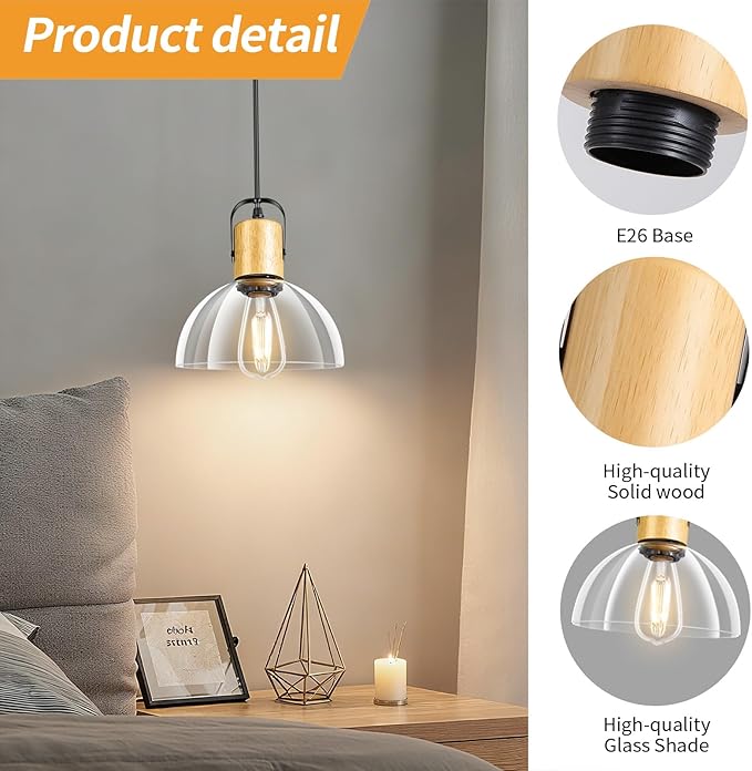1 Pack Wood Pendant Lights, Pendant Light Fixtures with 7.5" Clear Glass Shade, Modern Farmhouse Hanging Lights for Kitchen Island, Bedroom, Bathroom, Dining Room