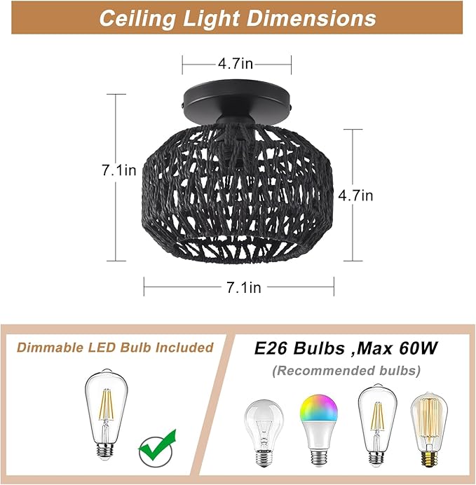 1 Pack Farmhouse Light Fixtures Ceiling Mount,Black Mini Rattan Boho Semi Flush Mount Ceiling Light,Hand Woven Hallway Light Fixtures for Bedroom Entryway