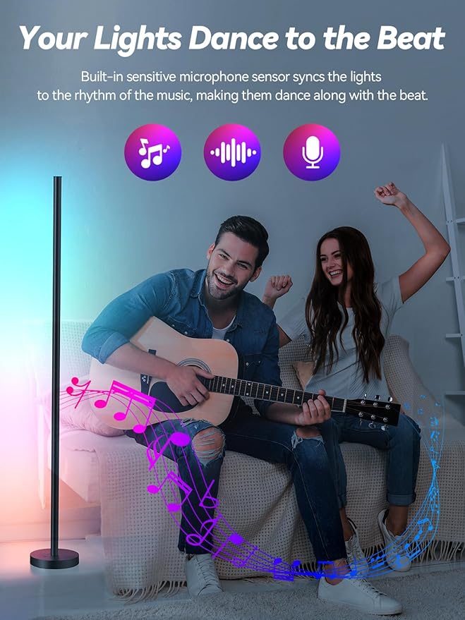 RGBICW LED Corner Floor Lamp with App & Remote Control - 16 Million Colors, 68+ Scene Modes, Music Sync, Smart Lighting for Living Room, Bedroom, and Gaming Room