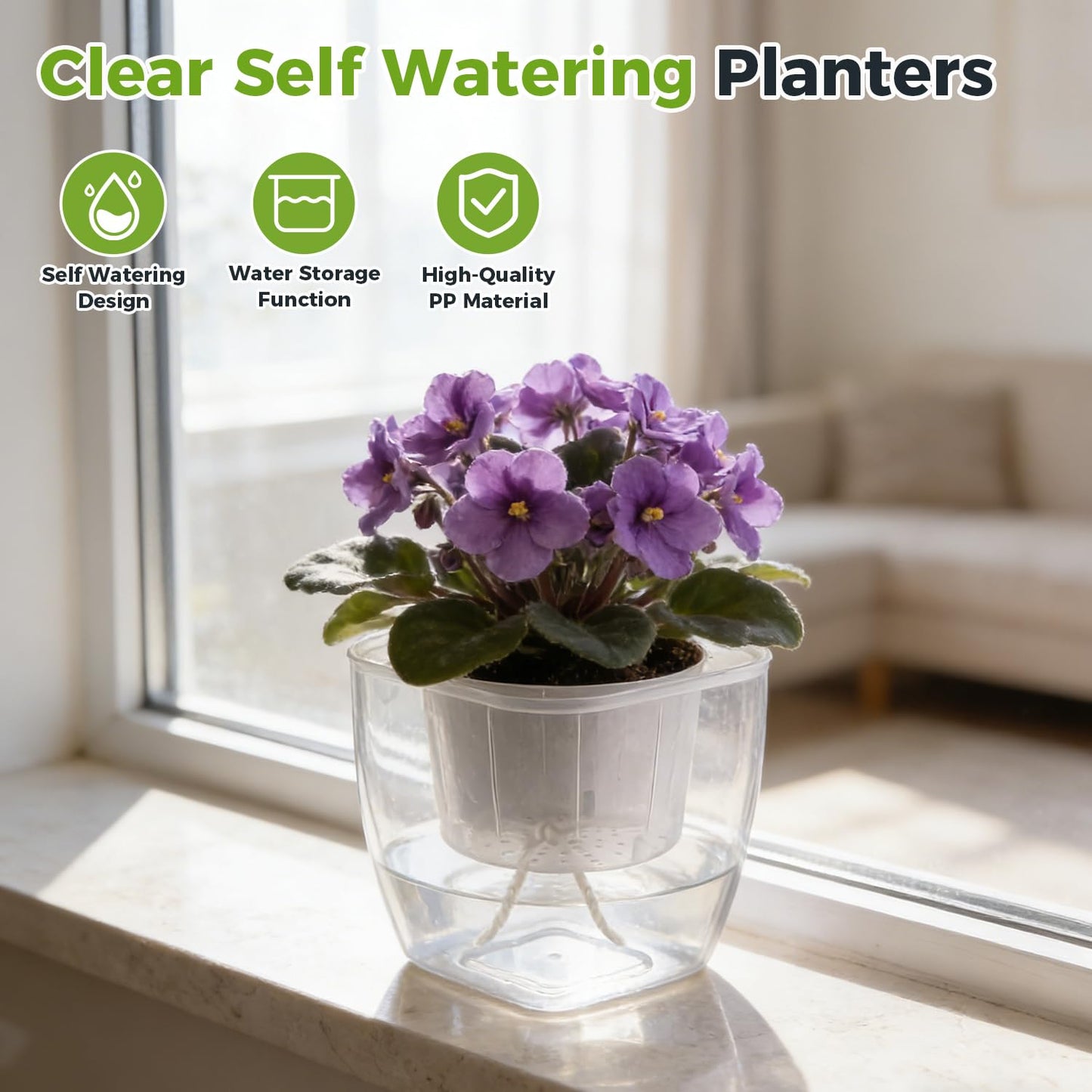 3-Pack Clear Self Watering Planters for Indoor Plants 7" Large African Violet Plant Pots Plastic Wick Flower Pots with Water Injection Hole, Orchid Plant Pot Set, Clear