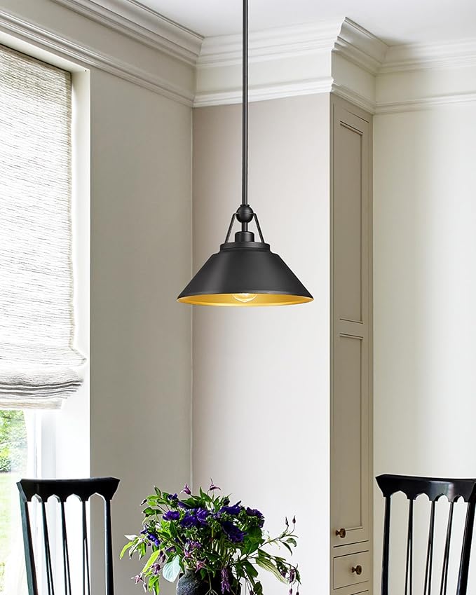 Barn Pendant Light Fixture, HWH 1-Light Hanging Lighting 12-Inch, Industrial Pendant Lights for Kitchen Island Farmhouse Dinning Room, Black and Gold Finish, 5HYS89MIL BK