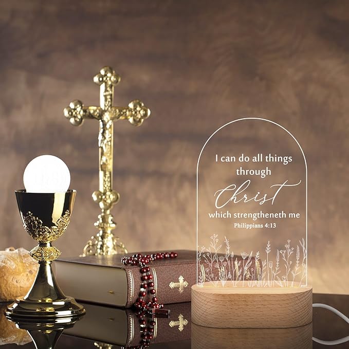 4 Pcs Christian Acrylic Night Light Bulk Mothers Day Religious Faith Church Gifts for Women Ladies Group Bible Verse Scripture LED Lamp with Wood Base for Easter Decor Men Clergy Pastor