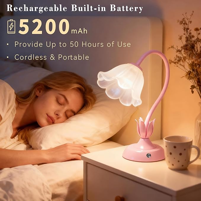 Cordless Flower Table Lamp Pink, Valentine‘s Gift, 5200-mAh Rechargeable Touch Lamp, 3-Way Dimmable, Build-in Integrated LED 320 Lumen Max, for Nightstand Bedroom Living Room