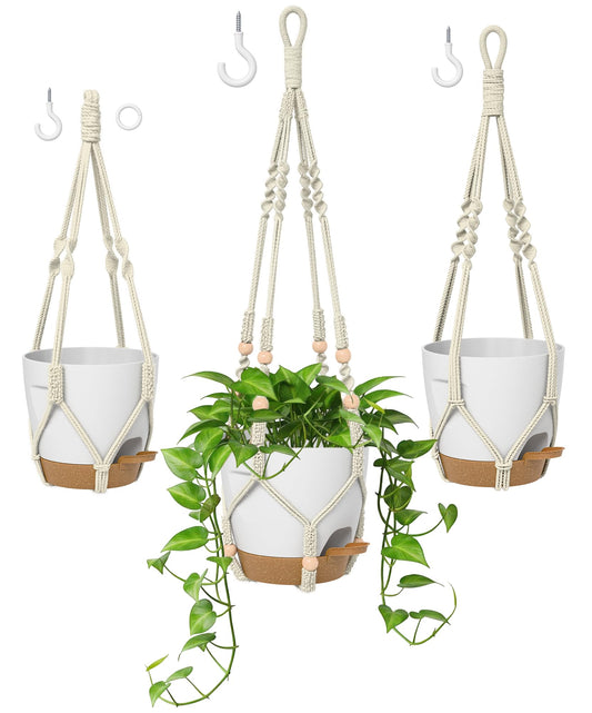 Macrame Plant Hangers for Indoor and Outdoor Use, Set of 3 Hanging Plant Pots Holders with Hooks, Ivory Cotton Rope, Tassel-Free, Fits 6" to 10" Pots, Rope Lengths 35", 26", 20", (No Pots Included)