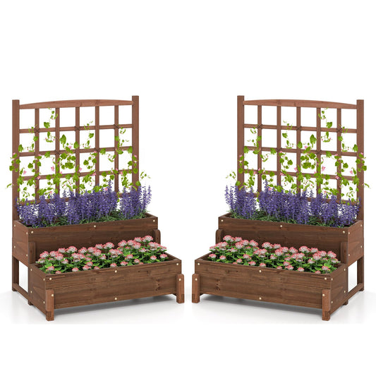 Giantex 2 Pcs Raised Garden Bed with Legs and Trellis, 2-Tier Standing Planter Box with Drain Holes, Outdoor Elevated Garden Trellis for Vine Climbing, Flower Vegetable Fruit Herb Growing