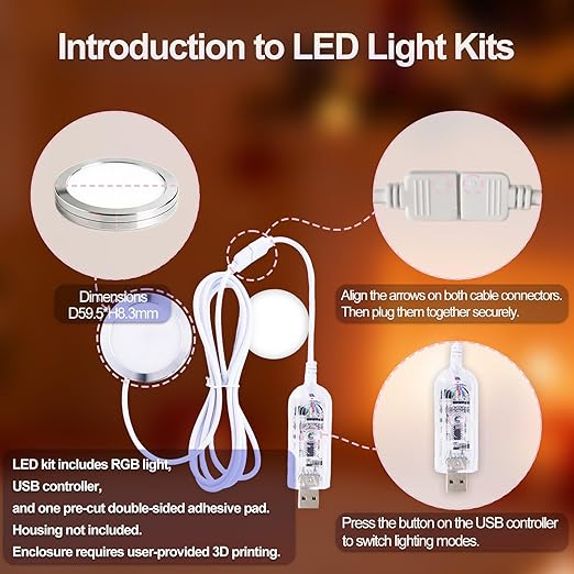 3Pack LED Lamp Kit 001 App Control for Bambu Lab 3D Printing, USB RGB LED Round Light with APP Cluster Control, DIY Lamp Making Kit for Craft Projects, Music Sync, 16M Colors, Memory Function (3)