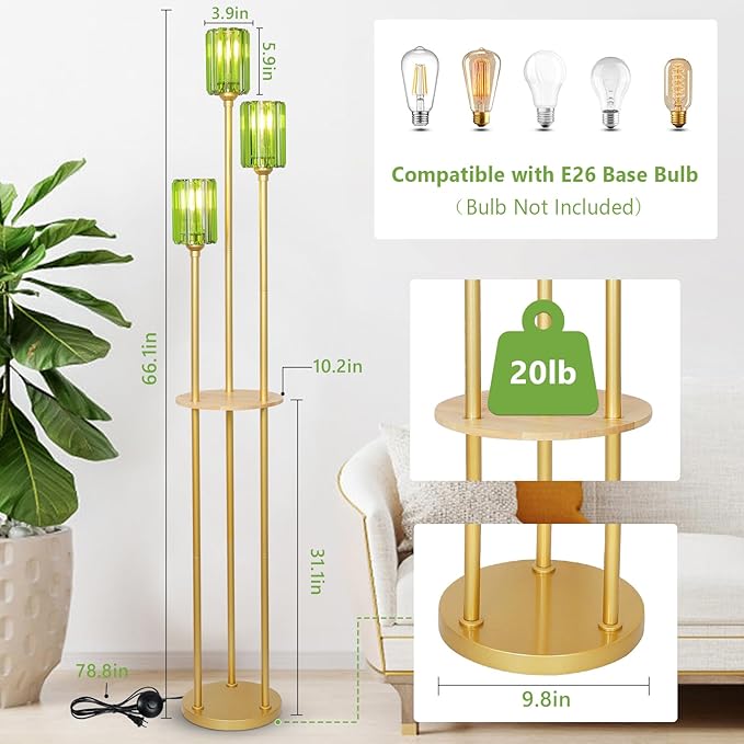 HMVPL Gold Floor Lamp for Living Room, Vintage Floor Lamp with Wood Shelf, Mid Century Standing Lamp with Table, Modern Tall Lamp with Green Crystal Shade, On/Off Switch, Boho Corner Lamp for Bedroom