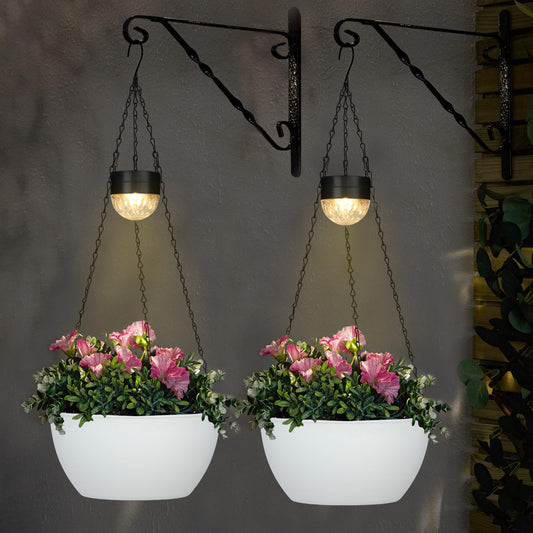 SUNNYPARK 2 Packs Hanging Planters Basket for Outdoor Plants, Solar Powered Self Watering White Round Plastic Flower Pots with Drainer for Balcony Patio Garden Outdoor Decoration