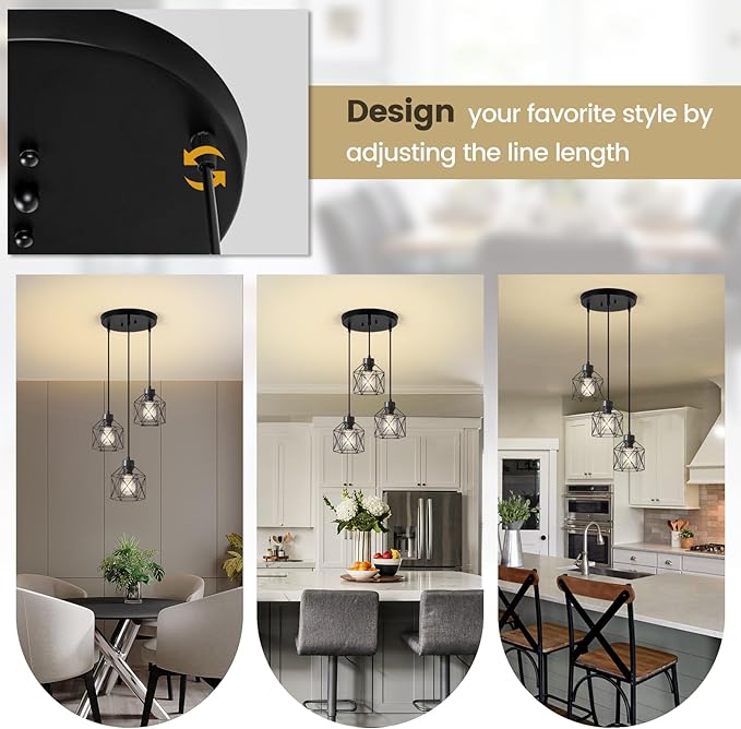 3-Light Pendant Light Fixtures, Farmhouse Hanging Pendant Lighting, Dining Room Chandelier, Industrial Kitchen Island Hanging Light Fixture, Black Metal Cage Pendant Ceiling Lamp for Kitchen