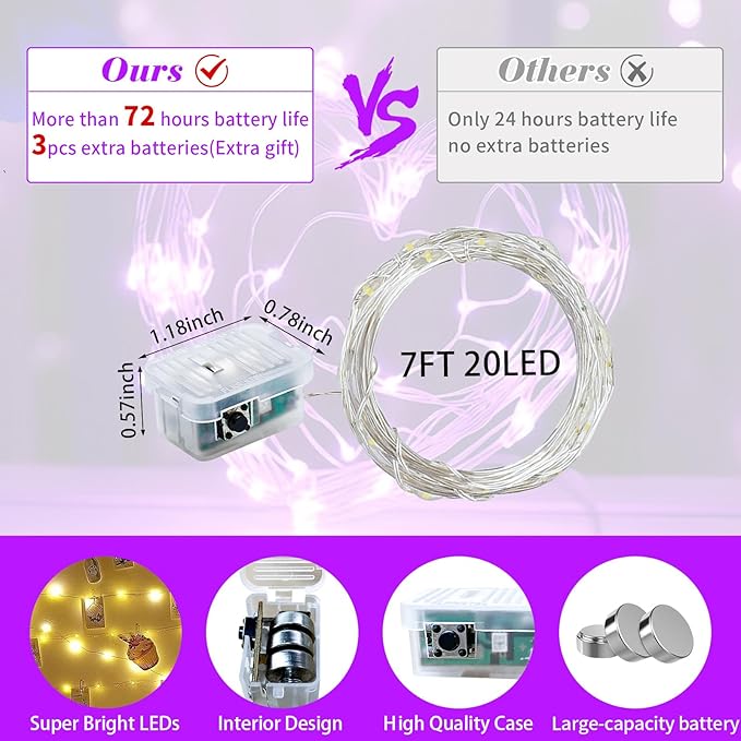50 Pack Purple Fairy Lights 7Ft 20 LED Twinkle String Lights 3 Modes Battery Operated Waterproof Firefly Starry for Mason Jar Wedding Halloween Christmas Valentines Day Party Table Centerpieces