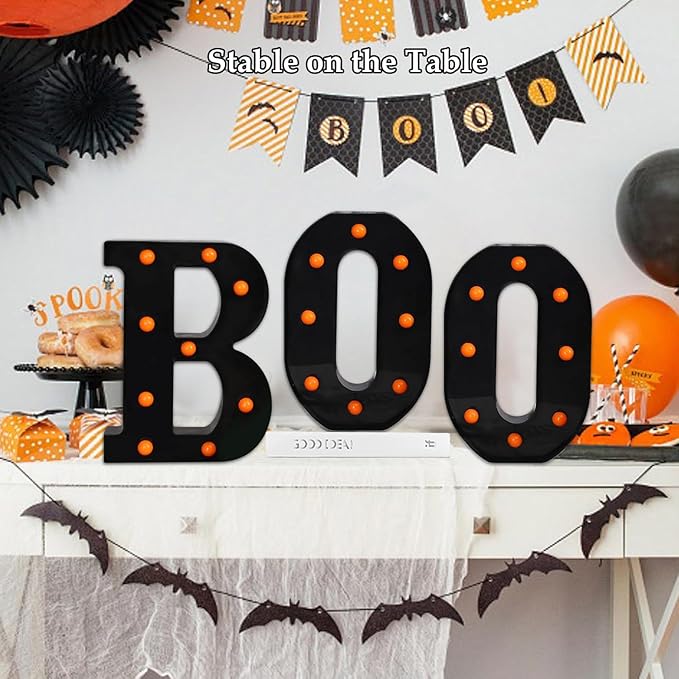 Halloween Decorations Indoor-Boo 3 Led Marquee Light up Letters Halloween Decor Boo Signs Light for Home Fireplace Room Desk Mantel Wall Table Bedroom Kitchen Vintage Gothic Party Supplies Ornaments