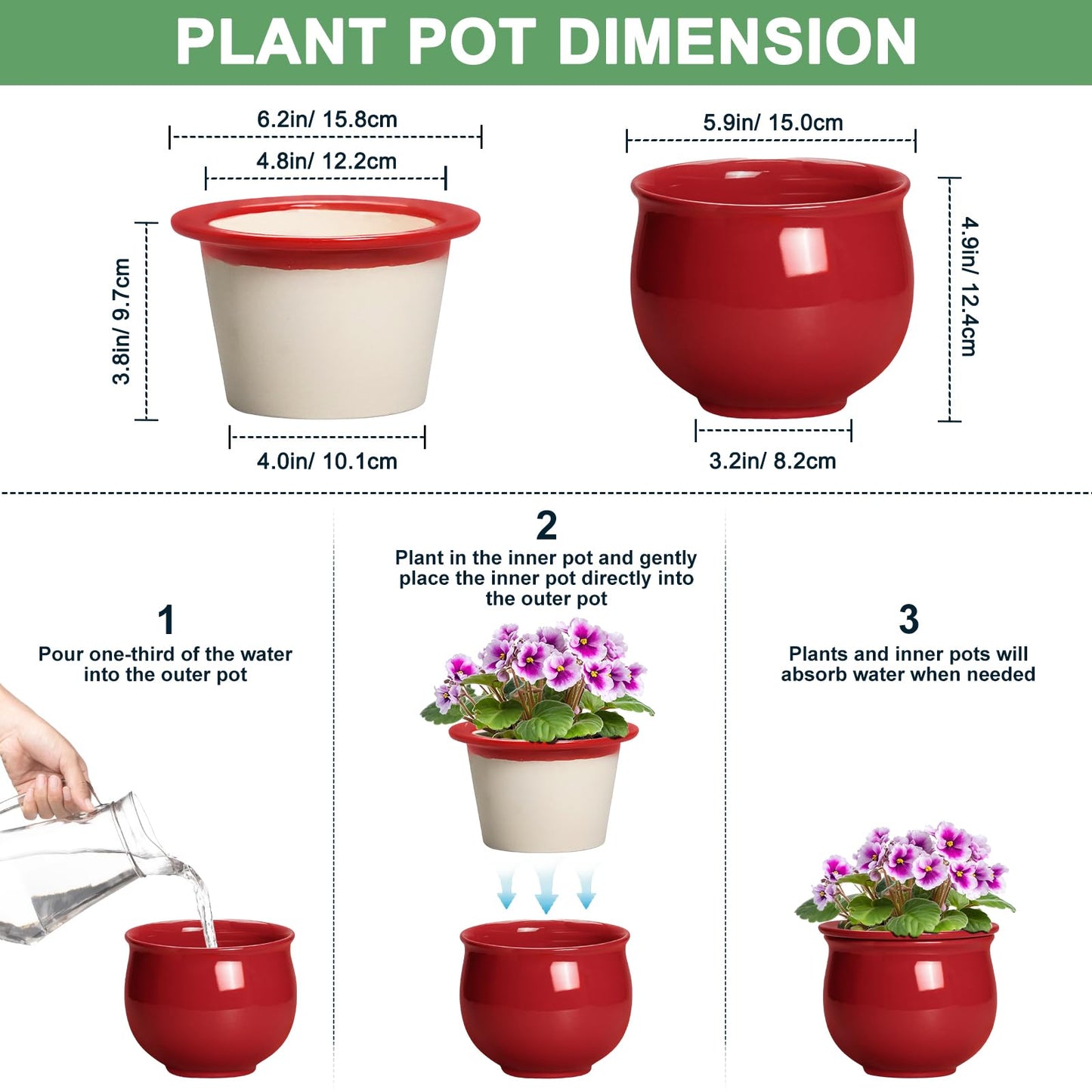 Teagas Ceramic Self Watering Planter, 6 Inch African Violet Pots with Absorbent Inner Pot, Round Self Watering Pots, Ceramic Flower Pot for Plants Indoor, Porch Decor, Plant Lover Gifts for Men, Red