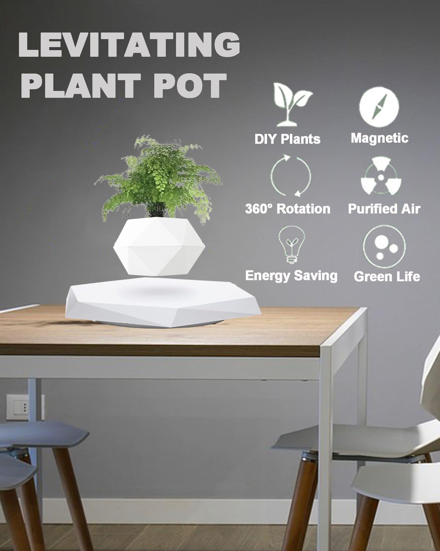 Levitating Plant Pot, Floating Plant Pot for Air Bonsai Planter, Magnetic Levitating Flower Pot Planter for Office Home Decoration, Ideal Home Gift for Halloween Thanksgiving Christmas (White)
