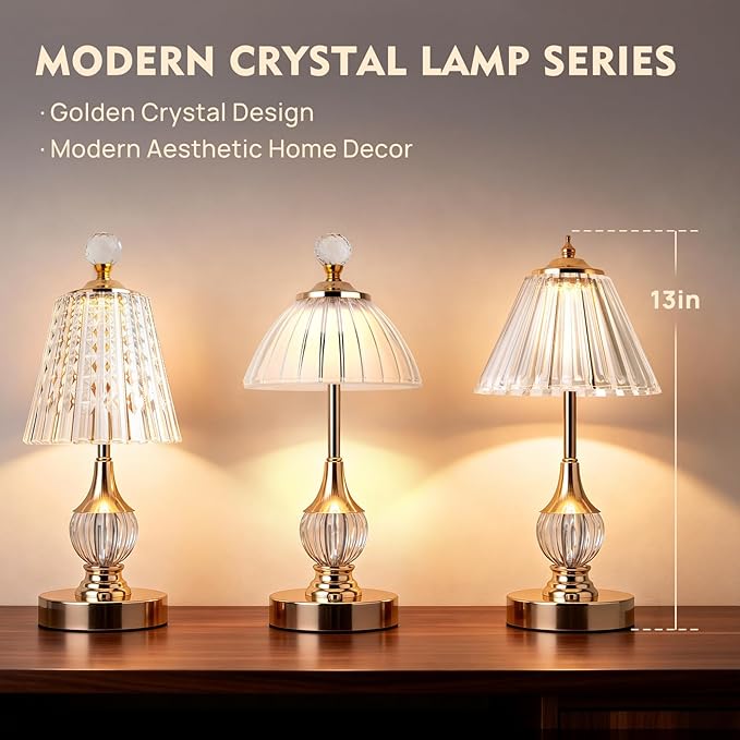 Vintage Gold Crystal Rechargeable Lamp Cordless, LED Touch Battery Operated Table Lamp, 3 Colors Dimmable Portable, Modern Home Decor, Bedroom, Bedside, Living Room, Kitchen, Pumpkin