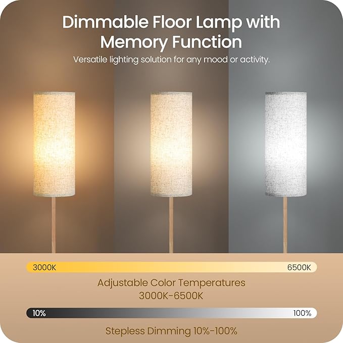2 Pack Wooden Textured Pole Lamps, Dimmable Floor Lamp for Living Room with Remote and Foot Switch, 64.4” Standing Tall Lamp, Corner Light for Bedroom, Bulb Included, 3000K-6500K, XE06LDP205W1