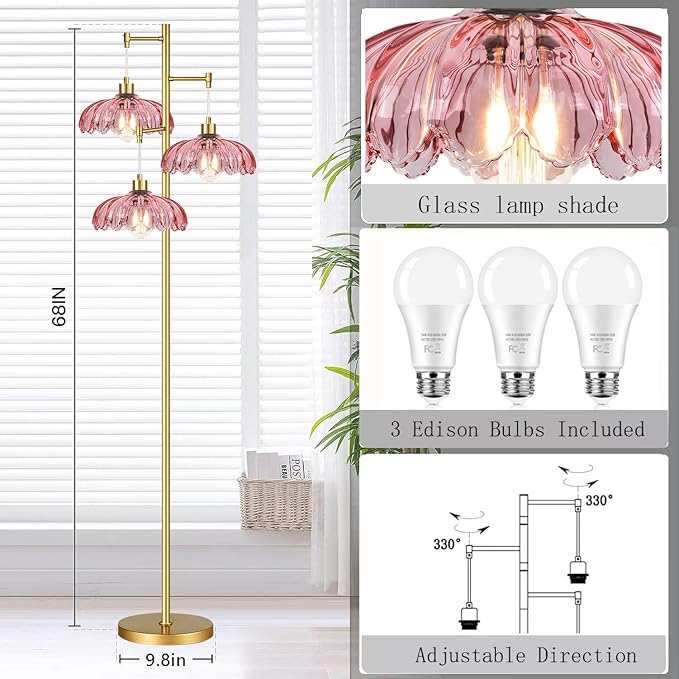 Pink Floor Lamp for Living Room,Bedroom,Gold Flower Mid Century Modern Standing Lamp Brass Tree 3 Light Tall Floor Lamps Vintage Floor Lights Glass Lamp Shade Farmhouse Boho Bohemian