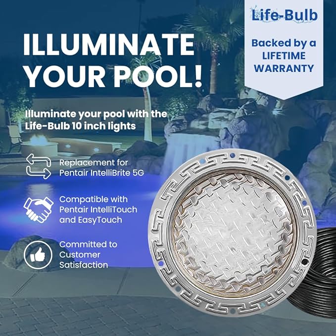 10 Inch Intelli Color Pool Light for Inground Pool - 12V - 100 Ft Cord - Swimming Pool Light Fixture, LED Lights - Replacement for Pentair IntelliBrite 5G - Lifetime Replacement Program