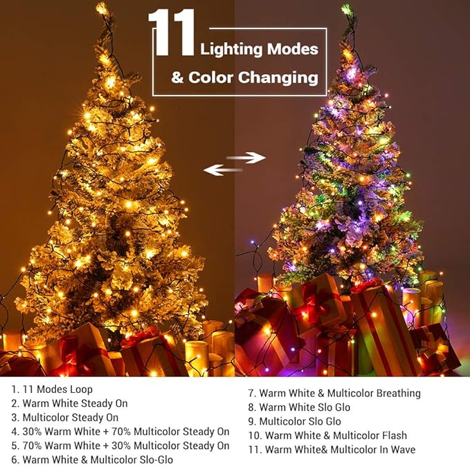 Brizled Christmas Tree Lights, 115ft 300 LED Color Changing Christmas Lights with Remote, 11 Modes Warm White & Multicolor Light String Connectable 24V Xmas Light Green Wire for Xmas Home