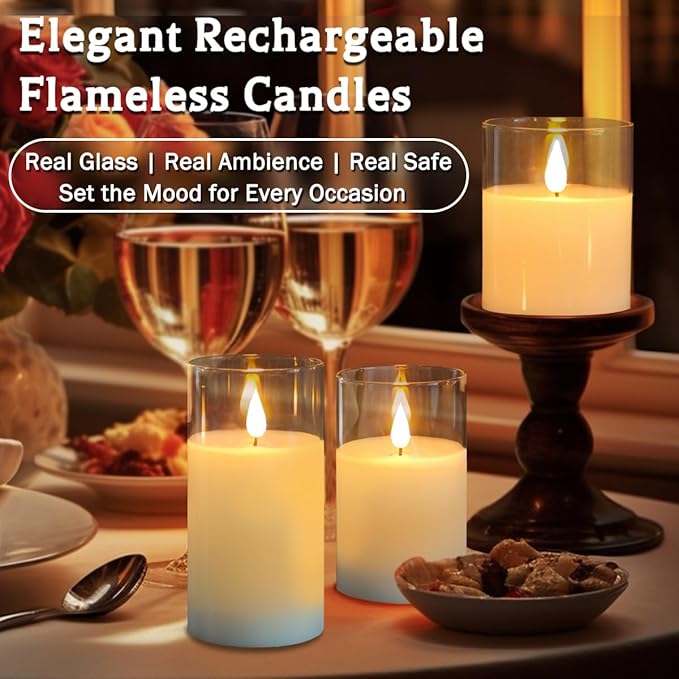 Rechargeable Flameless Glass Pillar Candles–Easter Flameless Candles Decorations,–Set of 3, Realistic Flickering LED Light,Remote & Timer, Ideal for Living Room, Bedroom & Easter Décor