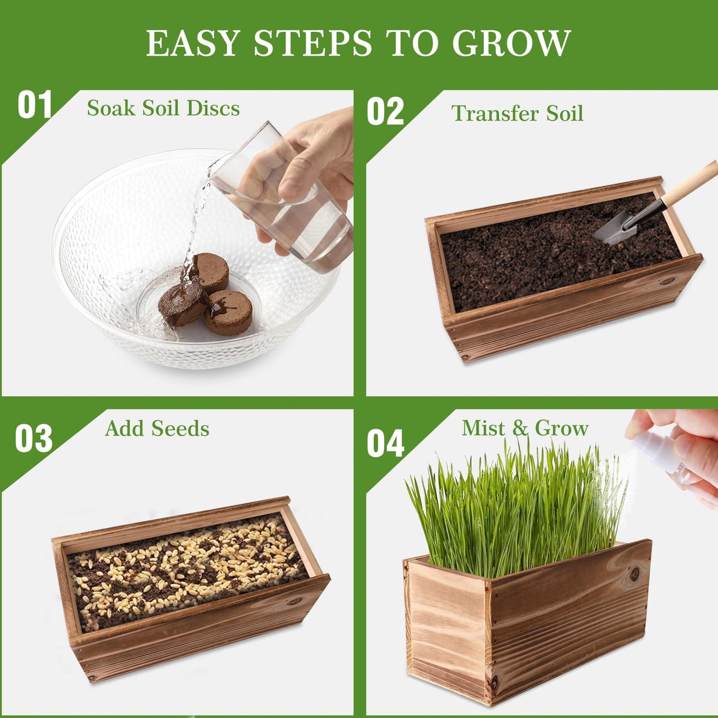 Cat Grass Kit for Indoor Cats, x5 Seed Packs, Complete with Exquisite Wood Planter Soil & Mini Gardening Tools, Good for Pet, Prevents Hairballs, Aids Digestion, Special Gifts for Cat Lovers