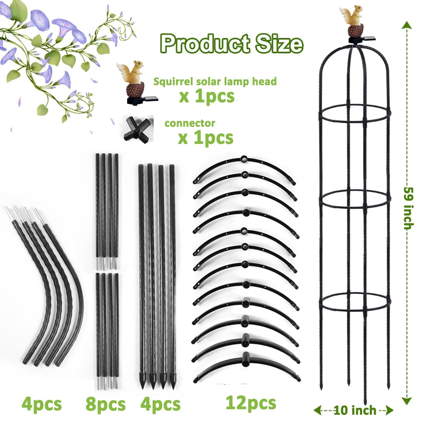 Metal Garden Obelisk Trellis for Climbing Plants Outdoor，Rose Round Trellis with Squirrel Head Auto Sensor Solar Light Rustproof Tomato Plant Support for Vines Cucumbers Tomato Cage,1 Pack