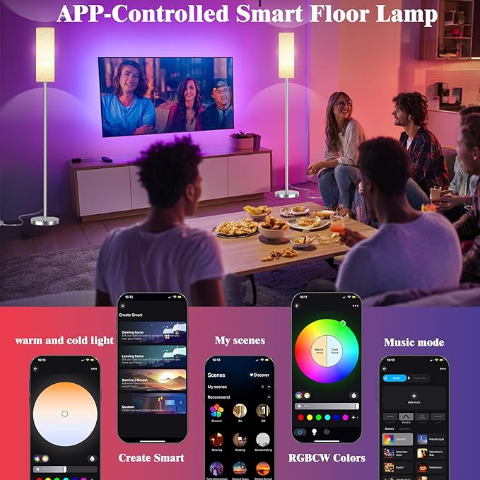 Smart LED Floor Lamp with APP Control & RGB Colors - Dimmable Standing Lamp for Living Room, Bedroom, Gaming - Remote, Timer, 9W Bulb Included, 67" Modern Tall Lamp (Silver Beige)