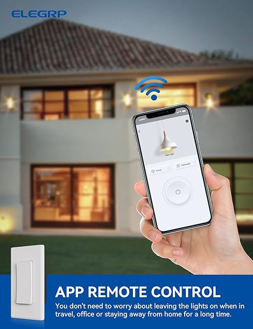 ELEGRP Smart Light Switch, 2.4GHz Wi-Fi Light Switch Compatible with Alexa & Google Assistant, Neutral Wire Required, APP Control and Timer Schedule, UL Certified, Single Pole/3 Way, White, 1 Pack