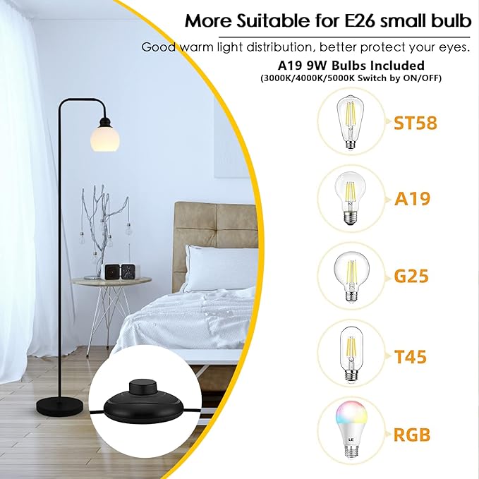Modern Floor Lamp for Living Room, Black, with 3 Color Temperatures LED Bulb, Industrial Design, 63.2 in H, White Glass Shade, E26 9W A19 LED Bulb Included