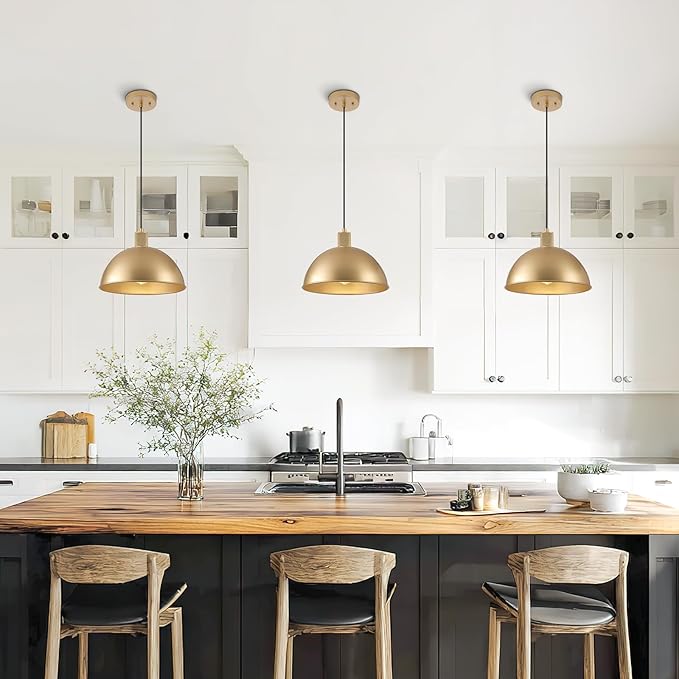 12 Inch Gold Dome Pendant Lights 2 Pack for Kitchen Island, Height Adjustable Farmhouse Industrial Hanging Light Fixtures Over Table for Dining Room, Entryway