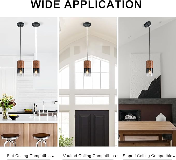 3-Pack Modern Pendant Lights for Kitchen Island, Adjustable Black Pendant Light Fixtures with Brown Wood Grain, Industrial Glass Pendant Lights for Dining Table Hallway Bedroom Living Room