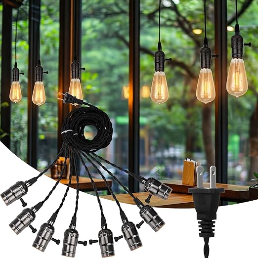 1 Pcs Vintage Pendant Light Sockets Light Cord Kit with Switches DIY Bulb Socket with Cord for E26 E27 Lamp Socket Lantern Bedroom Living Room Decor (1 Plug with 8 Sockets,Black)