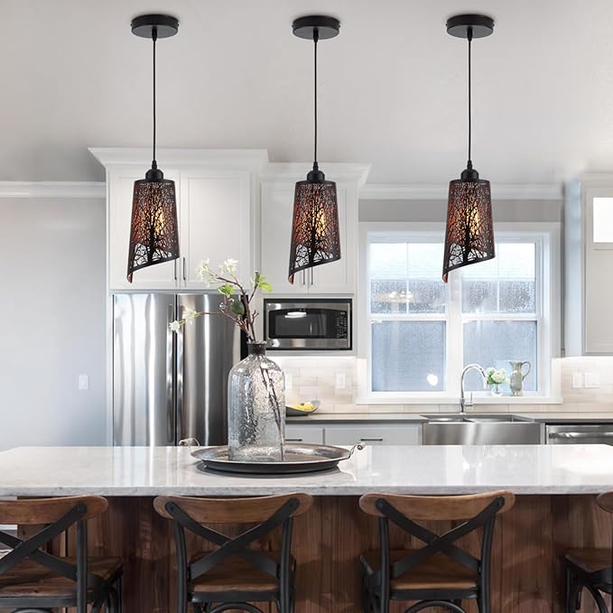 Industrial Black Pendant Light Fixture Vintage Mini Black Pendant Lighting with Gold Finish Rustic Hollow-Carved Small Pendant Light for Kitchen Island, Dining Room, Bedroom, 3 Pack