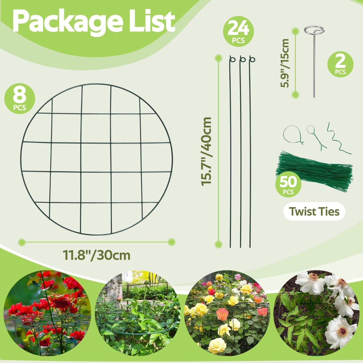 Jesosia 8 Pack Peony Cages and Supports - Grow Through Plant Support for Outdoor Plants - Sturdy Metal Support Frame for Peonies, Roses Flower Garden Cage - Wide Top Rings Bouquet Shape 12" D x 16" H