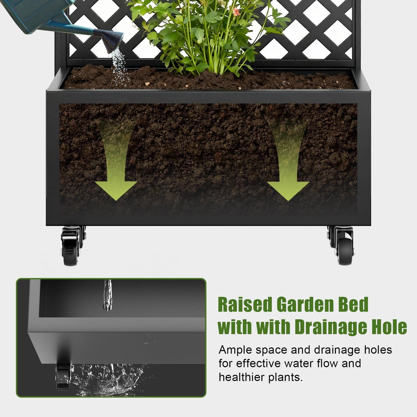 blusoke Metal Planter Box with Trellis and Wheels,Raised Garden Bed with Trellis,72" Tall Privacy Screen with Planter Box and Drainage Holes,Plant Trellis for Climbing Plants Outdoor,Vegetables,Vines