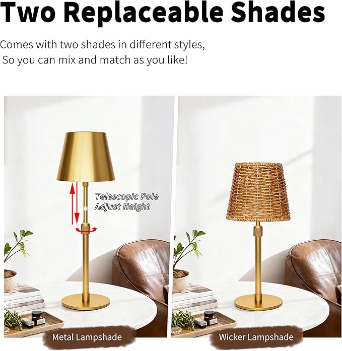 Mr.White Outdoor Waterproof Rechargeable Cordless Table Lamp with Telescopic Pole & Wicker Shade, 5200mAh Battery Operated Table Light with Touch Control, for Patio Restaurant Kitchen (Gold 2 Pack)