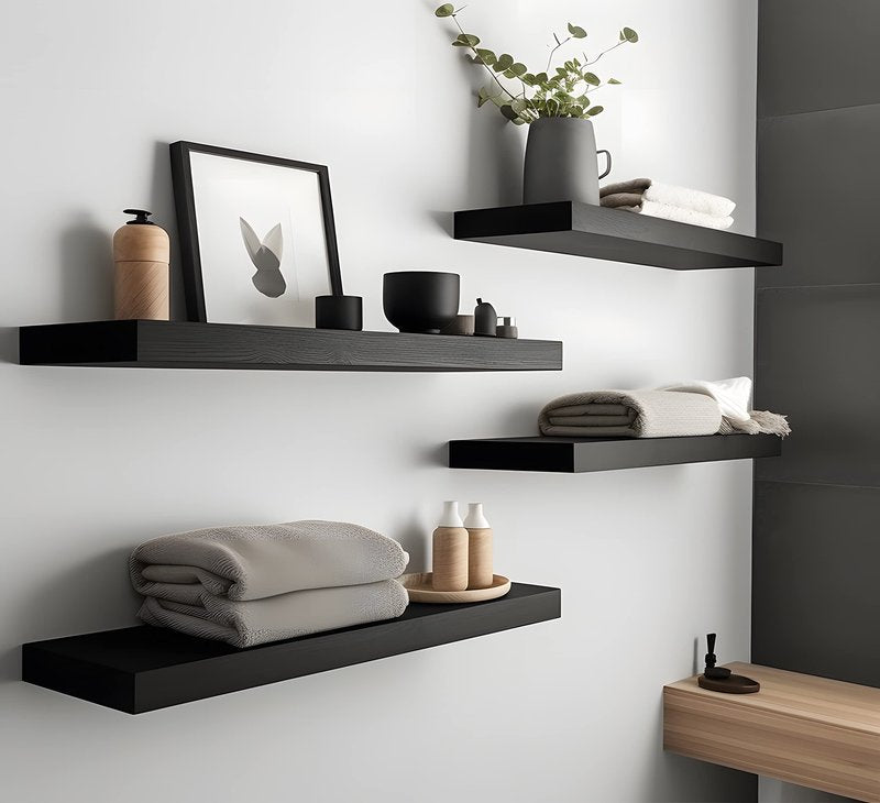 YFYEO Black Wood Floating Shelves for Wall Rustic Wall Shelf for Bedroom Living Room Set of 4
