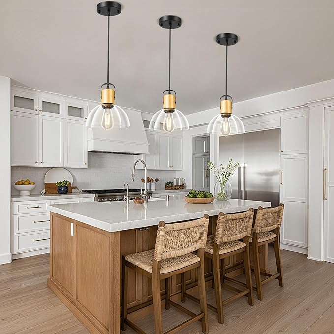 1 Pack Wood Pendant Lights, Pendant Light Fixtures with 7.5" Clear Glass Shade, Modern Farmhouse Hanging Lights for Kitchen Island, Bedroom, Bathroom, Dining Room