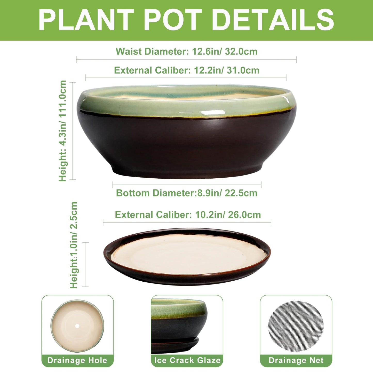 SQOWL Bonsai Pots 12 Inch - Large Ceramic Pots for Succulents with Drainage Hole and Saucer, Shallow Planter for Indoor Plants Outdoor, Round Planter Bowl, Office Decor, Gifts for Women, Green-Brown