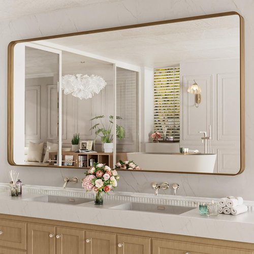LOAAO 72X40 Inch Bathroom Mirror with Wood Grain Colored Metal Frame, Rounded Rectangle Metal Framed Bathroom Mirror, Anti-Rust, Hangs Horizontally or Vertically, Tempered Glass