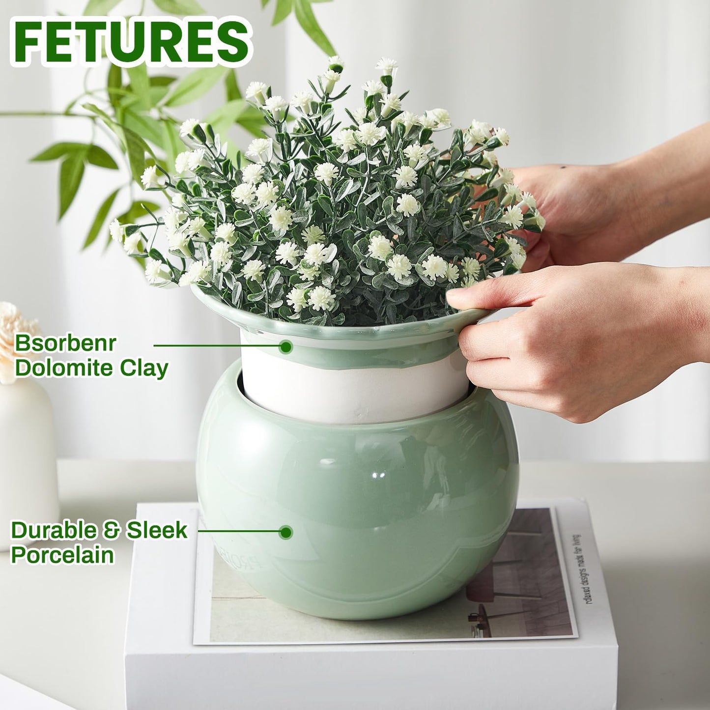 Suclain 2 Pcs African Violet Pots, 6.5 Inch Self Watering Pots for Indoor Flowers and Plants Ceramic Easy Self Watering Plant Pot with Highly Absorbent Inner Planter Pot for Tropical Plants(Green)