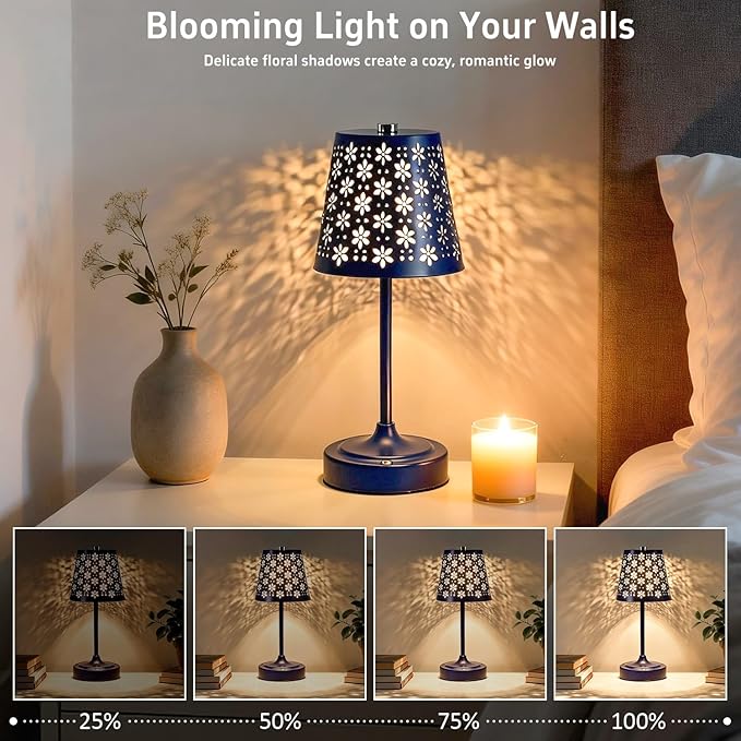 Rechargeable Cordless Table Lamp, Touch Control Battery Powered Bedside Lamp with Floral Cutout Shade, 3 Color Stepless Dimmable Decorative Nightstand Lamp for Bedroom (Navy Blue)