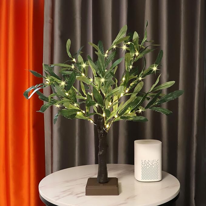2FT Easter Olive Tree with LED Lights, 30 LED Artificial Twinkle Tree with Timer, Lighted Greenery Tree Bonsai Fairy Tabletop Lamp Tree for Home Decor