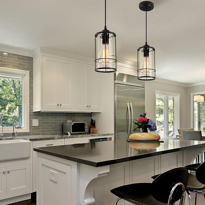 Pendant Lights, Black Hanging Light Fixtures Kitchen Island 2 Pack with Clear Glass, Modern Industrial Cage Pendant Lighting for Kitchen Dining Room Entryway Bathroom
