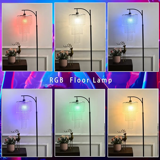 Arc Floor Lamp with Table and Shelves,Crystal Floor Lamps for Living Room,Dimmable Elegant Modern LED Floor Standing Lamp with Remote Control & 10 Colors,Black Adjustable Tall Lamp For Bedroom Corner