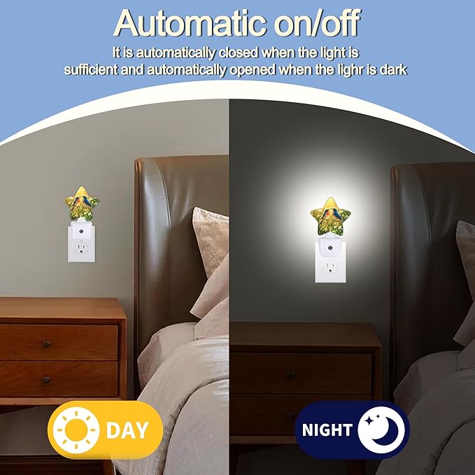 Bird Flower Night Lights Plug Into Wall,Spring Watercolor Birds Star Night Light for Kids,Nightlight with Dusk to Dawn Smart Sensor for Bedroom Bathroom Decor,Children Women Men Gift