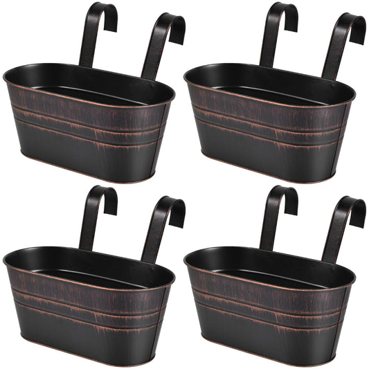 OBTANIM 4 Pack Metal Hanging Flower Pots Iron Railing Planter Outdoor Fence Hanging Pots Bucket Plant Holder with Detachable Hooks Drain Holes for Home Garden Yard Decor (Black)