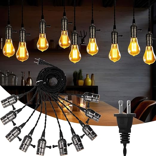 1 Pcs Vintage Pendant Light Sockets Light Cord Kit with Switches DIY Bulb Socket with Cord for E26 E27 Lamp Socket Lantern Bedroom Living Room Decor (1 Plug with 10 Sockets,Black)